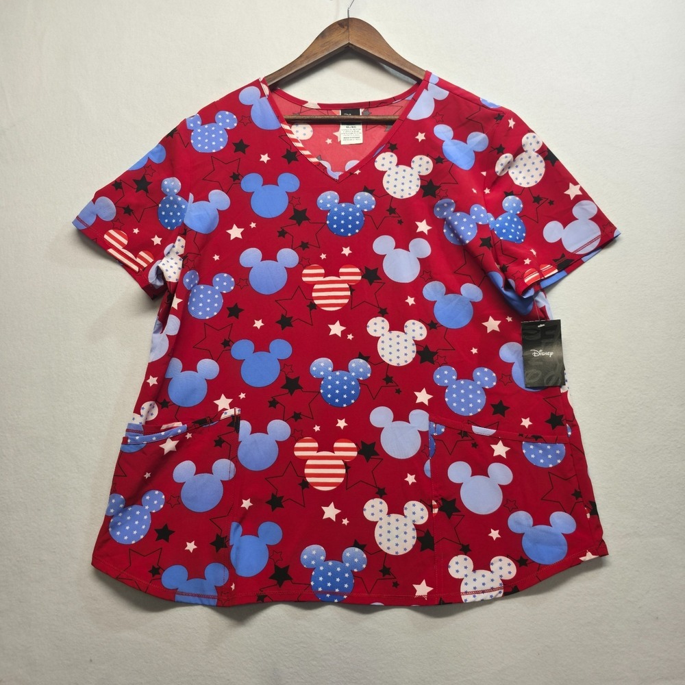 Disney Women's V Neck‎ Mickey Mouse Print Scrub Top Size XL NWT